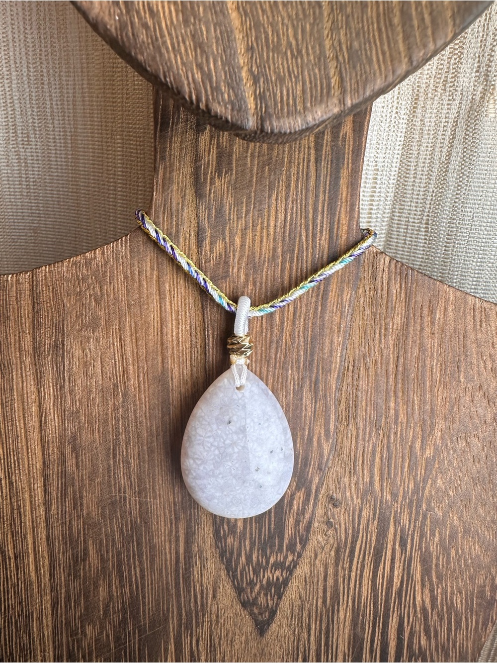 White Coral Fossil Teardrop Pendant Necklace on Blue and Gold Rope - Picture 6 of 13